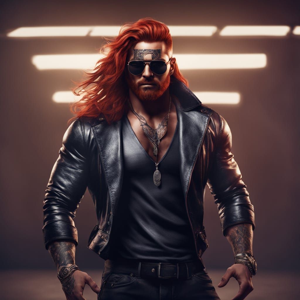 Vibrant Wrestler in Spotlight with Red Hair and Tattoos