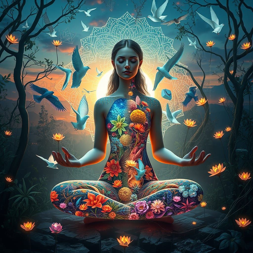 Mystical Woman Meditating in Surrealist Light Labyrinth