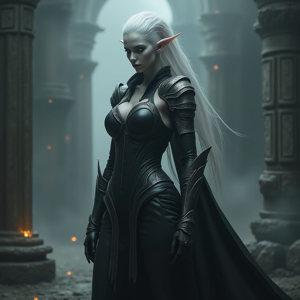 Female Warrior in Armor Amidst Stone Ruins