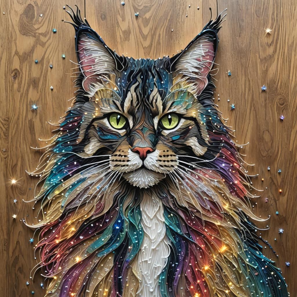 a very detailed string art image of a beautiful, regal, happy, mainecoon the shimmering color style of the string art r...