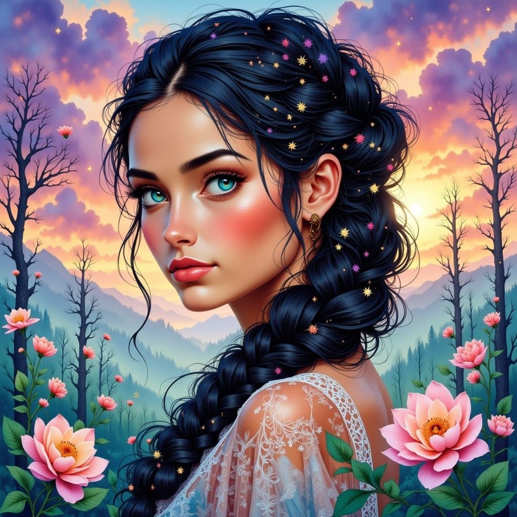 Beautiful Woman in Misty Sunrise, Realistic Sketch Style