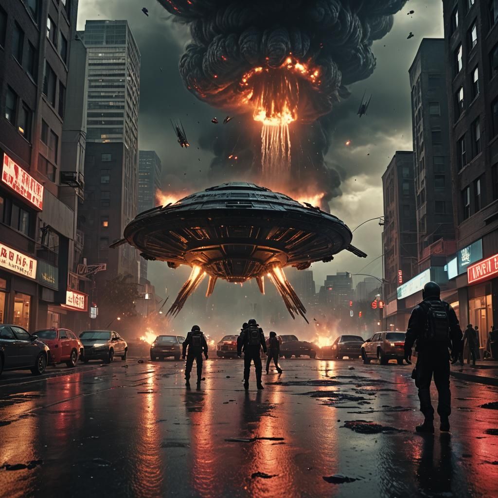 Aliens Invade City in Cinematic Film Still