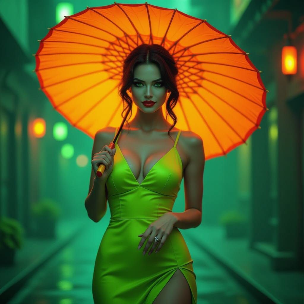 Neon Green and Orange Portrait in Hyperrealistic Style