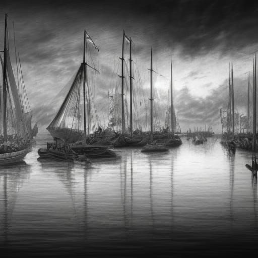Detailed Pencil Drawing of Harbour with Boats