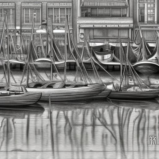 Detailed Pencil Drawing of Harbor with Boats
