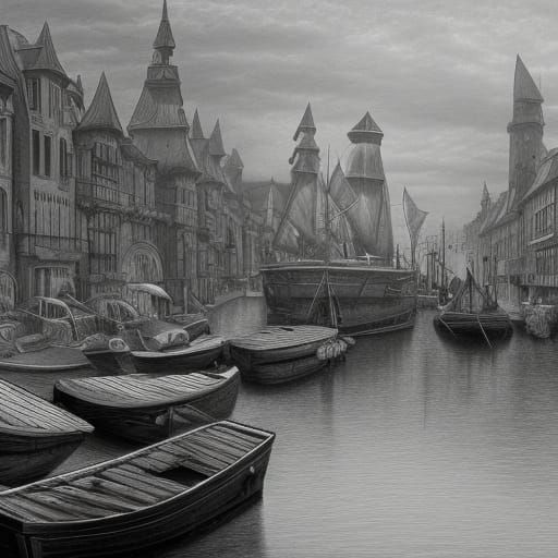 Detailed Pencil Drawing of Harbour with Boats