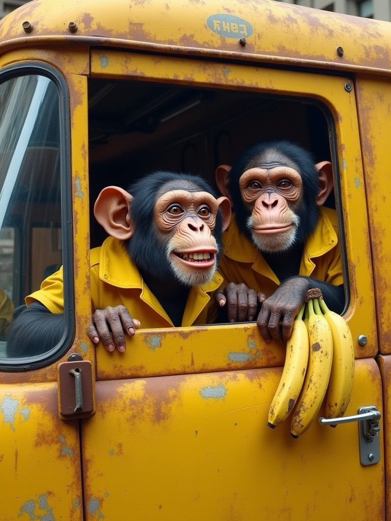 Chimpanzees in Delivery Van, Charcoal Art