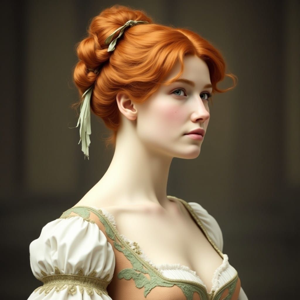 Elegant Regency Lady with Ginger Hair and Whimsical Embroide...