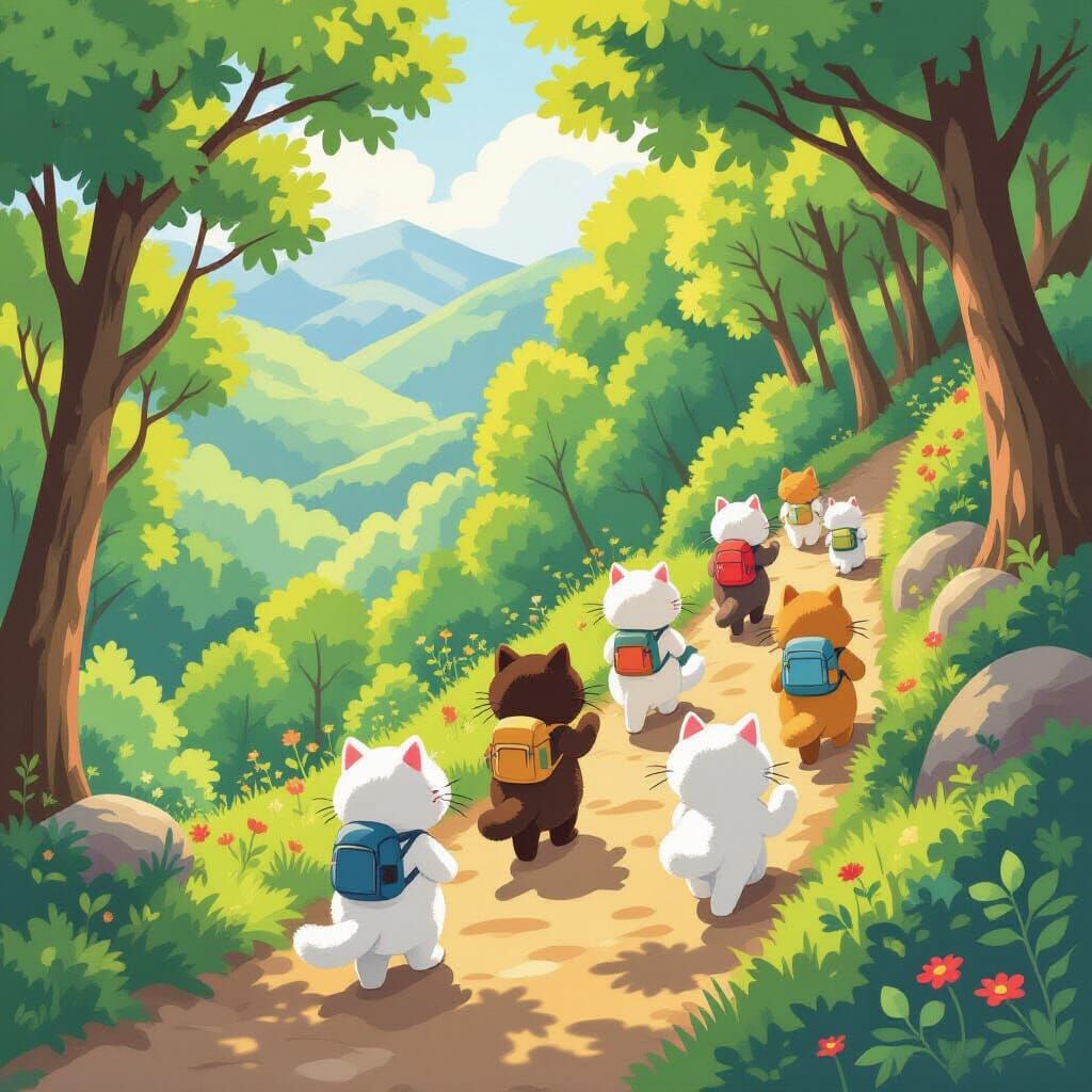 Fluffy Cats Hiking a Mountain Trail in Storybook Style