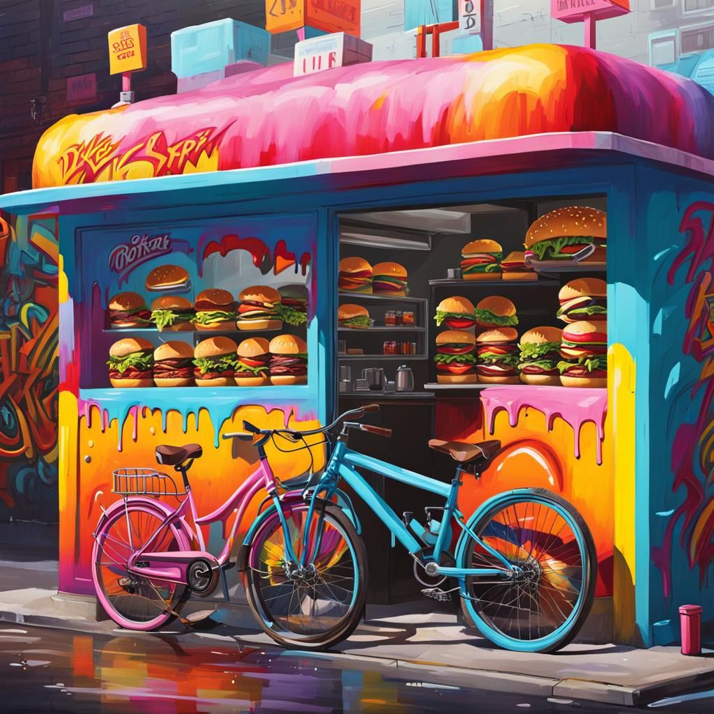 Colorful Graffiti-Style Burger Shop Scene with Kids