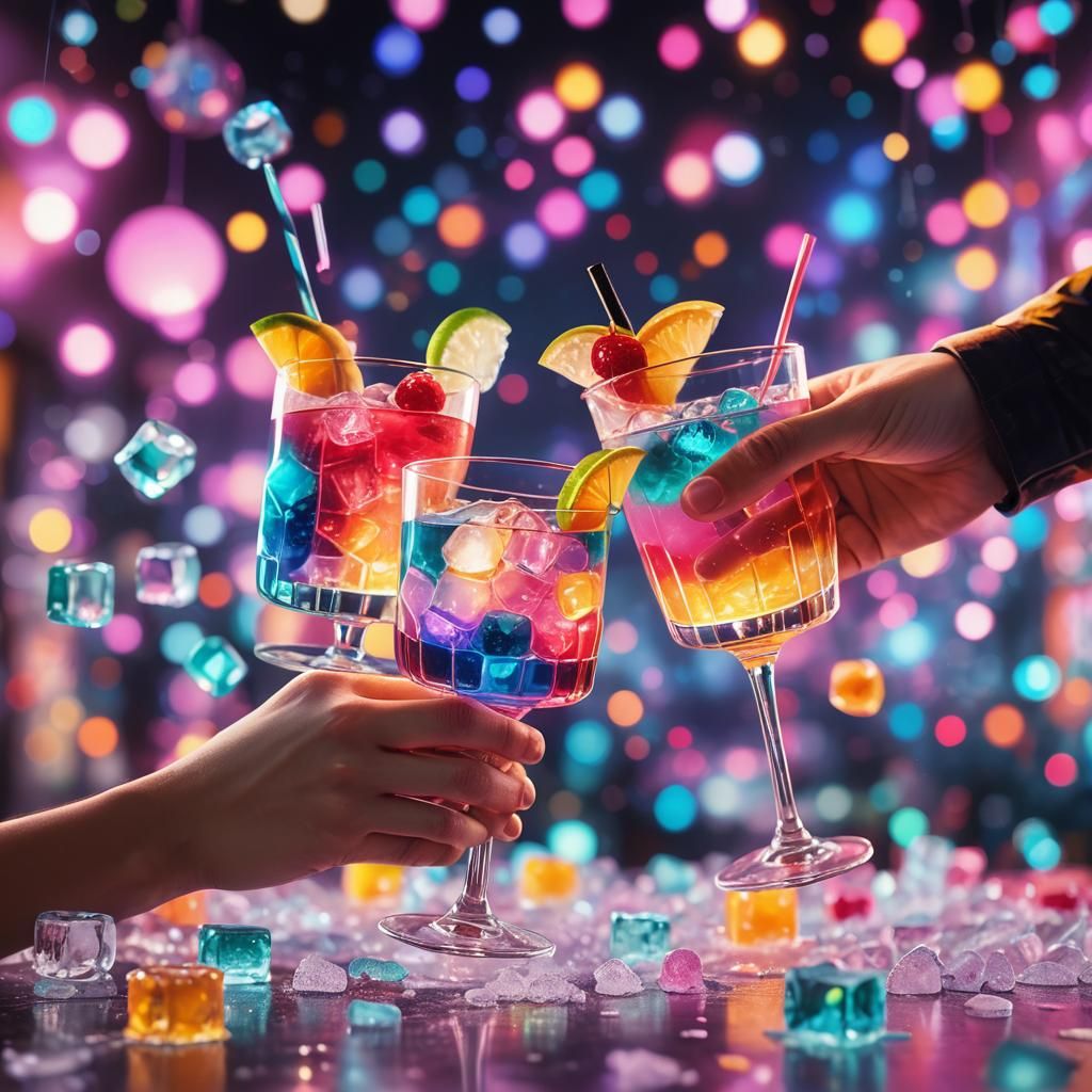 Clinking Colorful Cocktails in Neon Lights