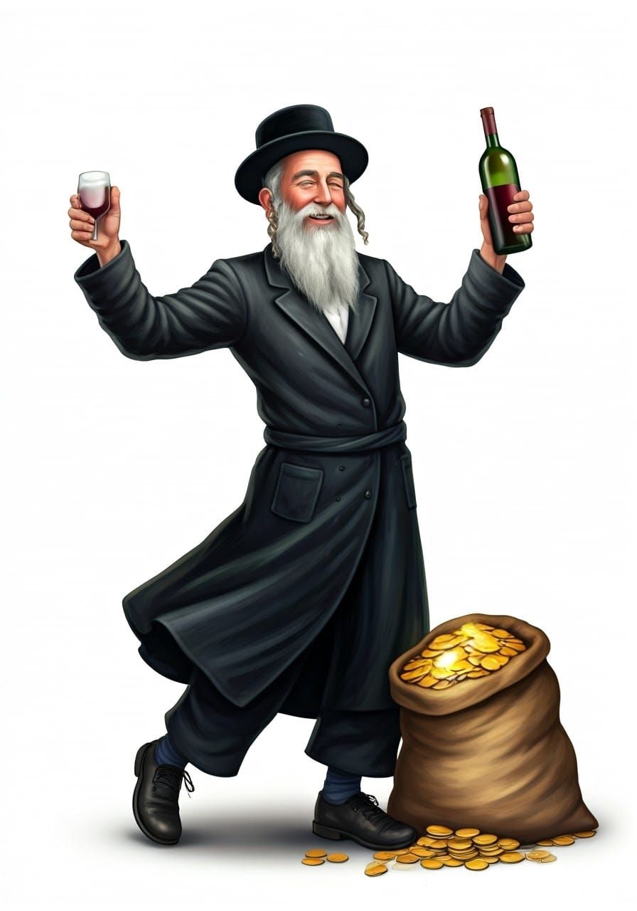 Joyful Hasidic Rabbi in Gold Coin Sack with Wine