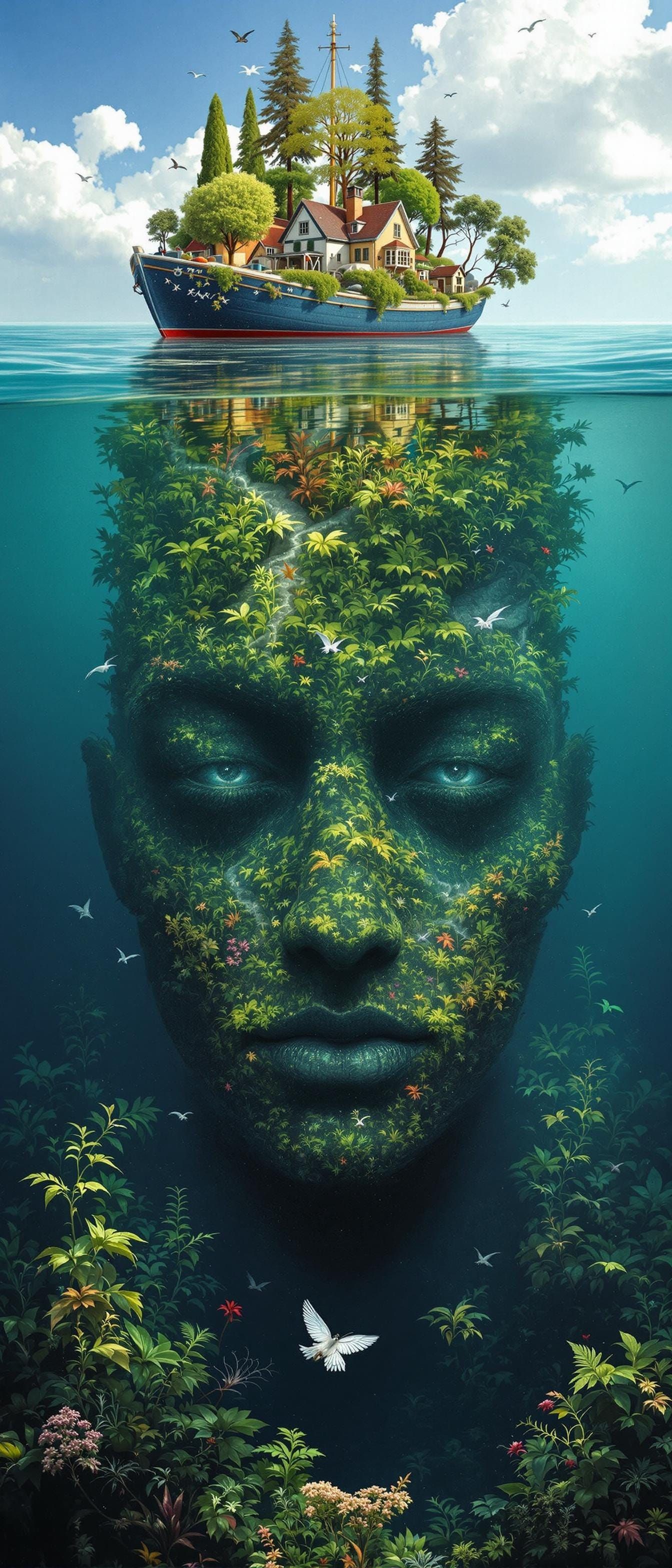 Surreal Underwater Face Illusion with Boat and Trees