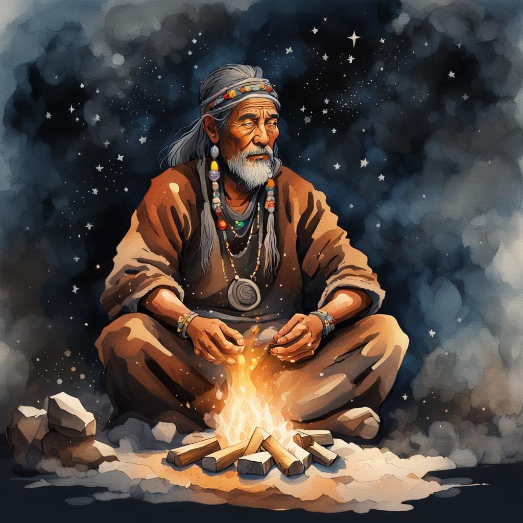 Shaman in Trance by Fire: A Watercolor Painting