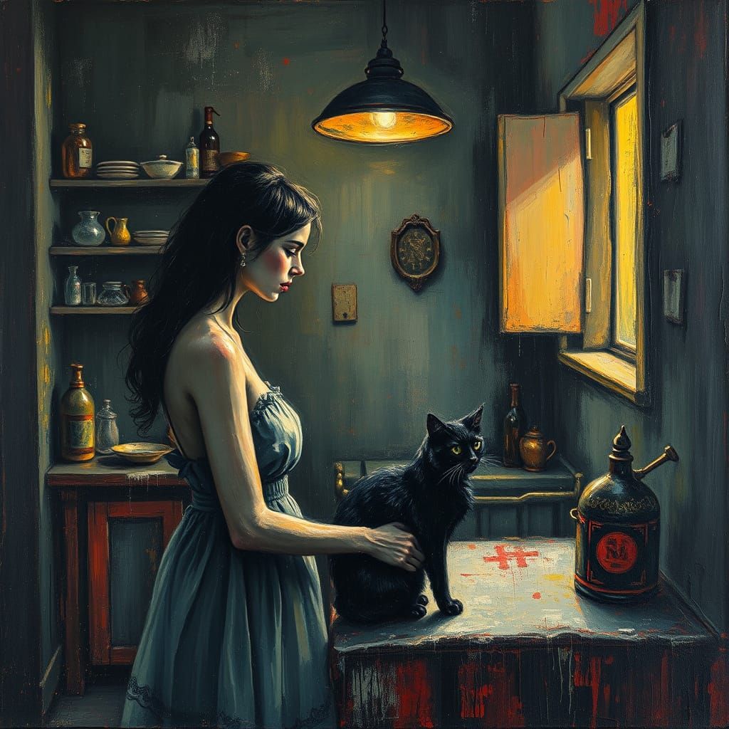 Woman and Cat in Expressionist Impasto Kitchen