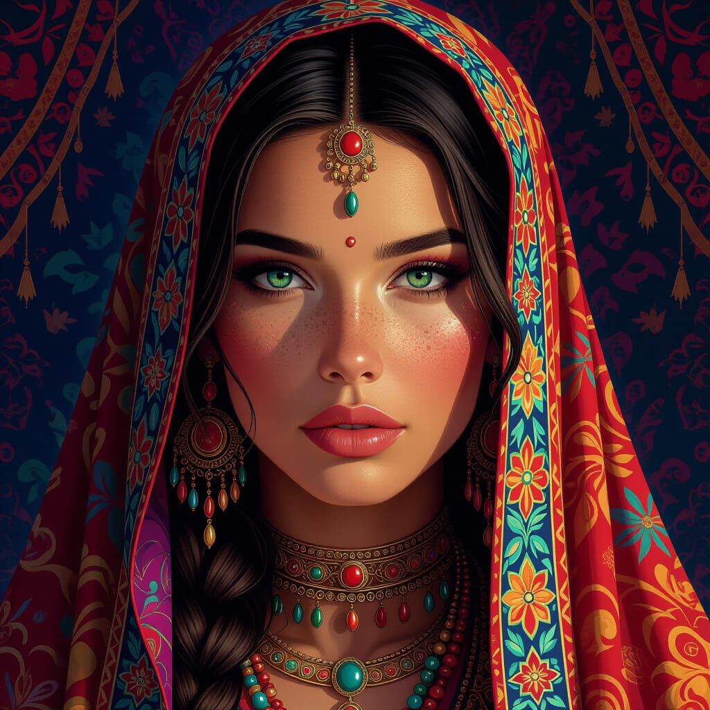 Mesmerizing Woman with Vibrant Clothing in Digital Art Style
