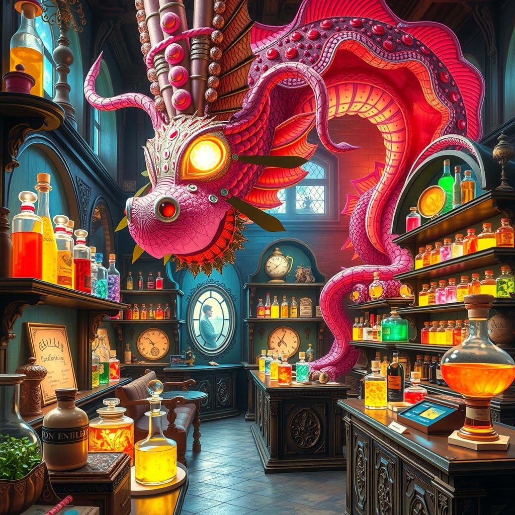 Whimsical Candy Apothecary with Biomechanical Dragon