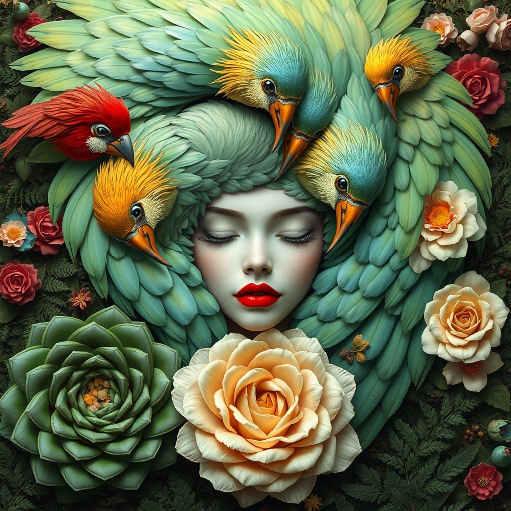 Ethereal Woman in Bird Feathers: Surreal Digital Art