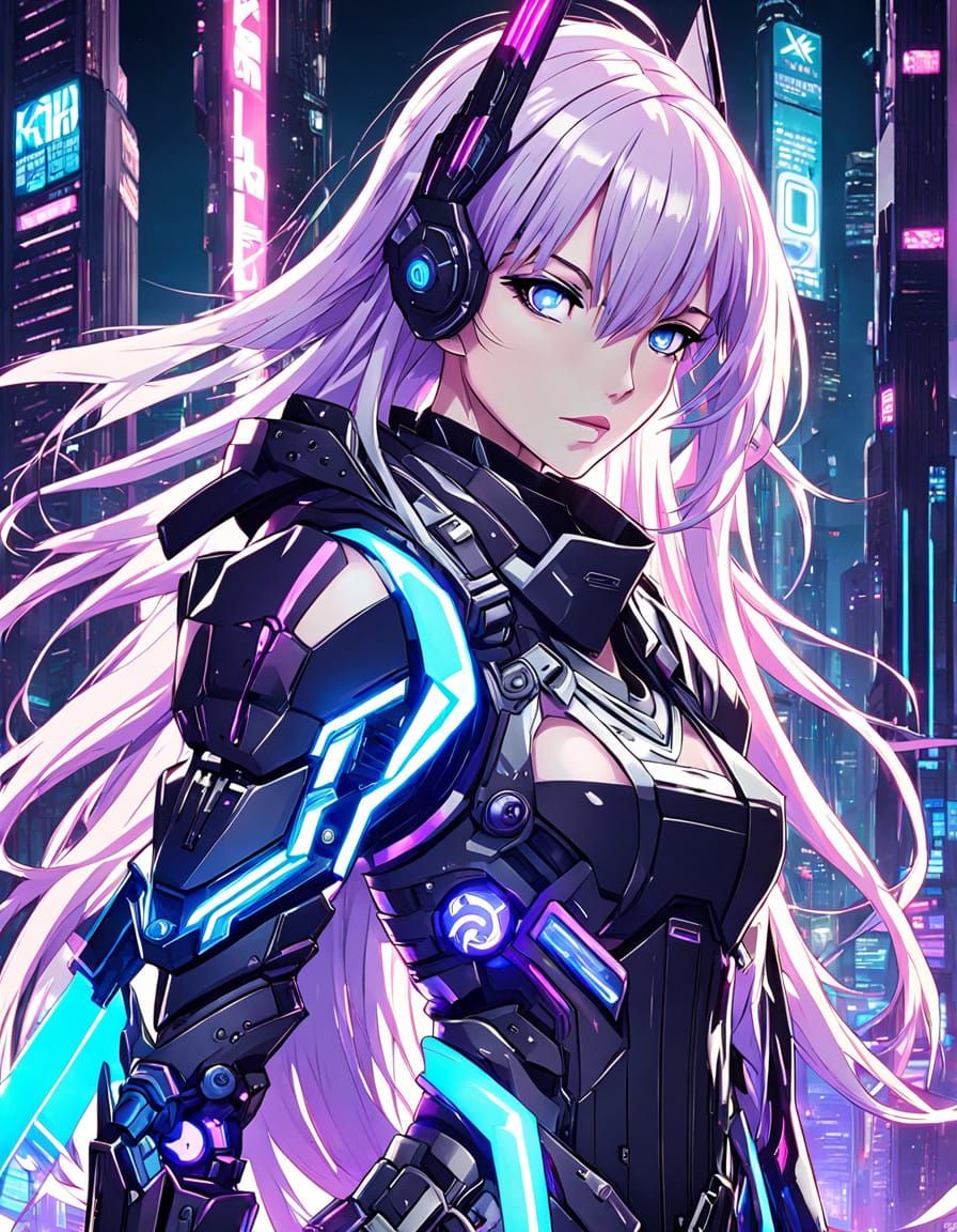 Kawaii Cyber Warrior in Cyberpunk Armor