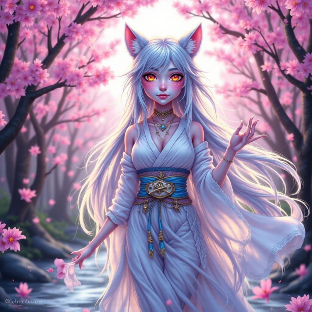 Mystical Wolf in Kimono in Japanese Garden