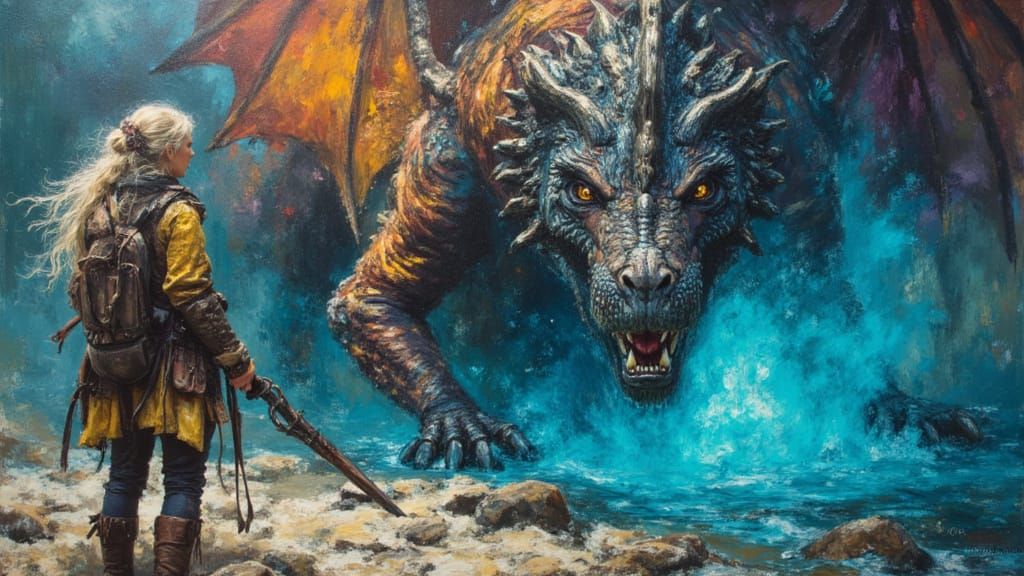 Woman Confronts Dragon in Vivid Expressionist Painting