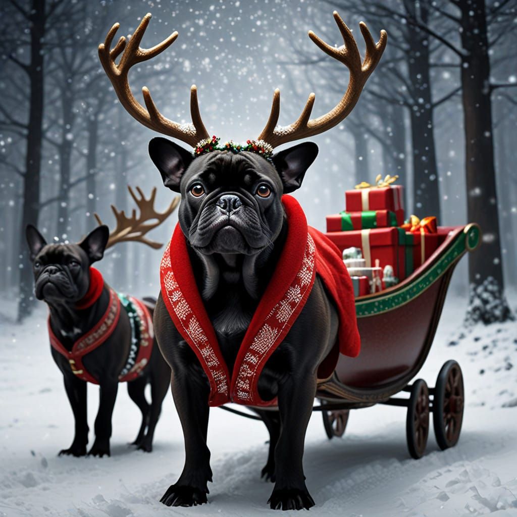 Majestic Black French Bulldog Rides Santa Sleigh Through Sno...