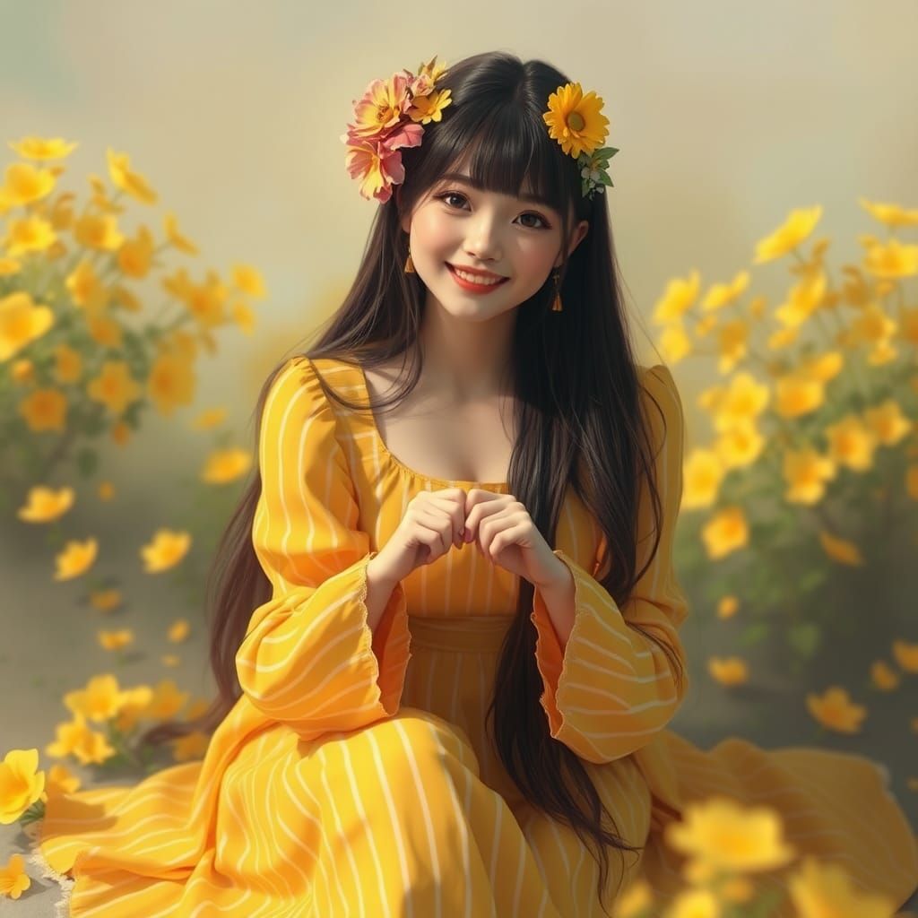 Beautiful Woman with Flowers: Detailed Matte Painting