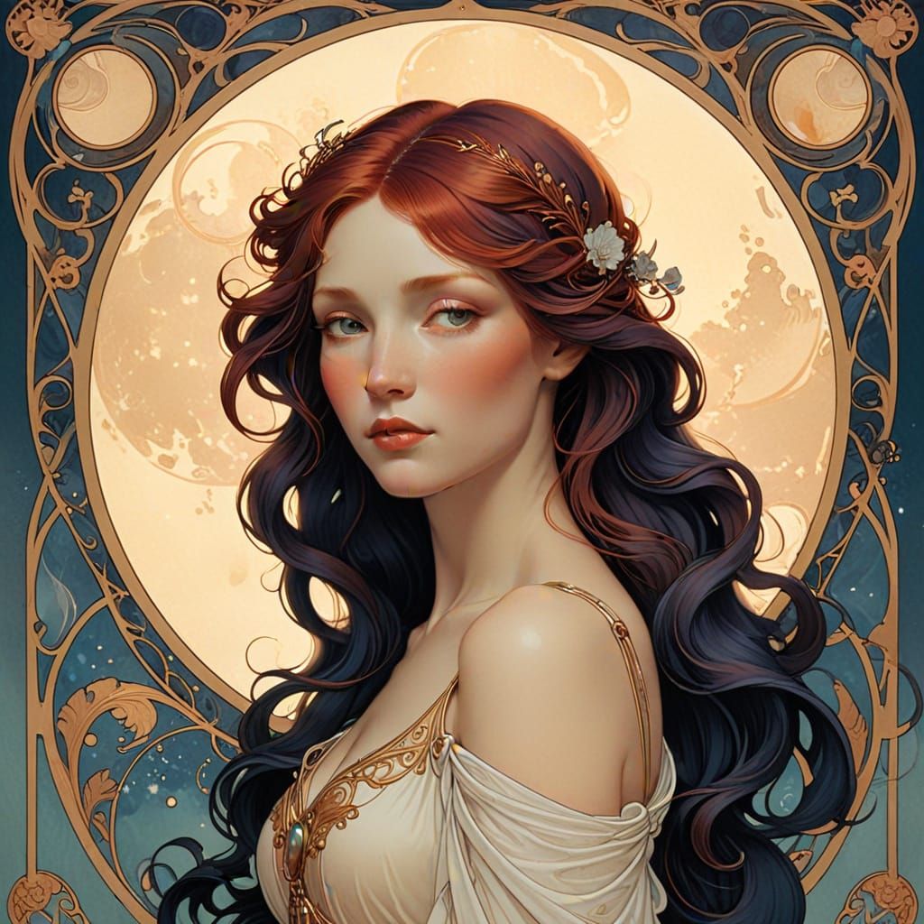 Red-Haired Moon Goddess in Art Nouveau Style