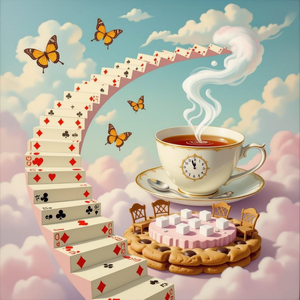 Surreal Staircase of Cards and Teaspoons in Pastel Sky