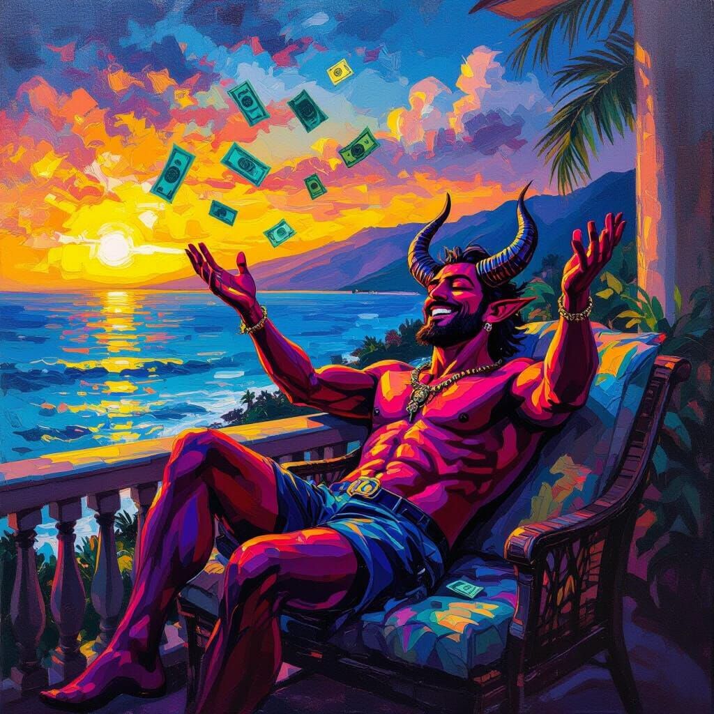 Devil Relaxing in Maui, Throwing Money in Sunset