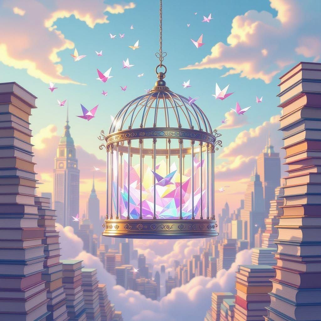 Surreal Glass Birdcage Drifts Through Book Cityscape