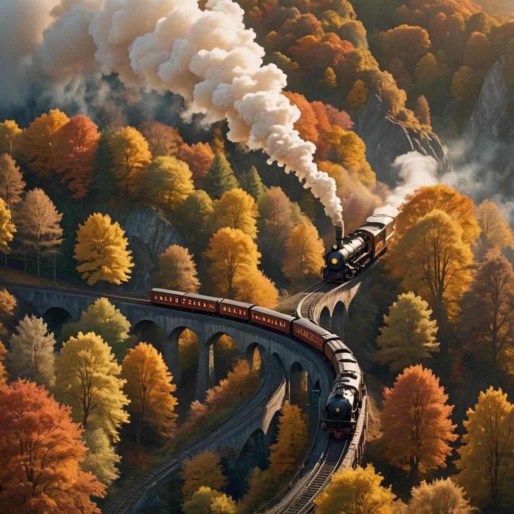 Whimsical Train Journey Through Autumn Skies
