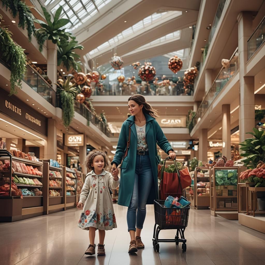 Mother and Child Shopping: Detailed Fantasy Concept Art