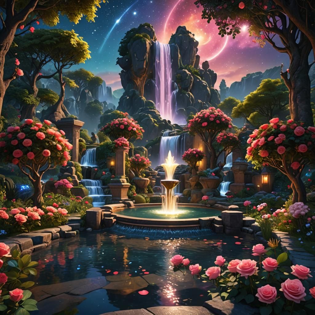 Ethereal Celestial Garden with Roses and Waterfall