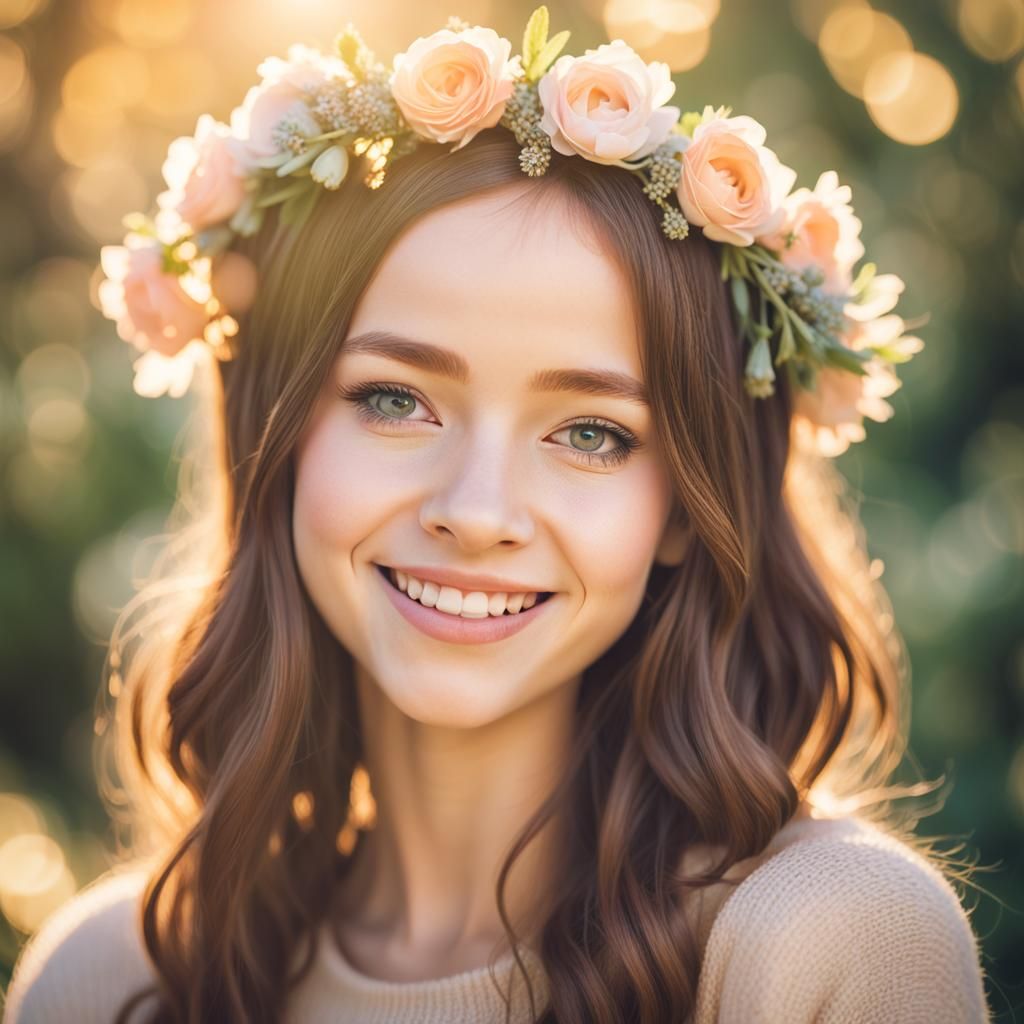 Smiling Girl in Sunlit Garden with Bokeh