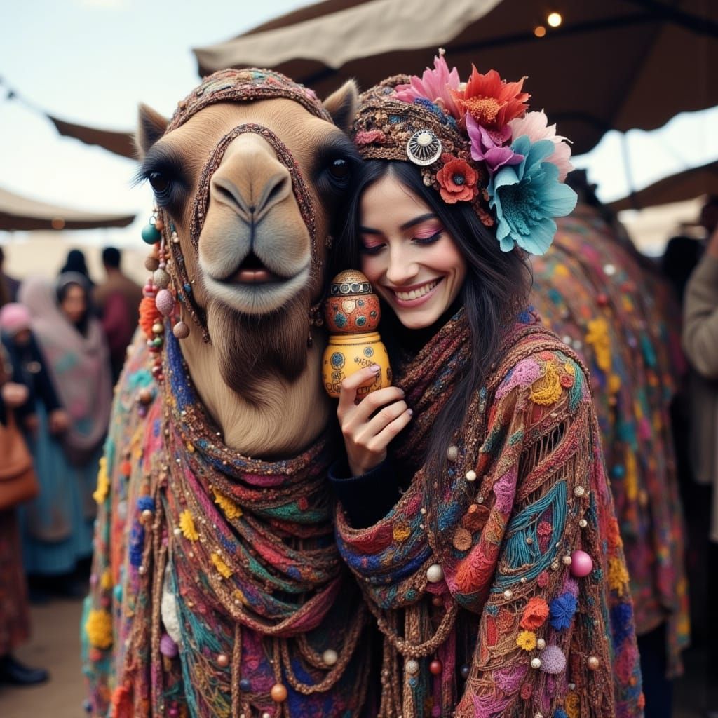 Surreal Scene of a Grinning Camel and a Forgiving Girl in Tr...