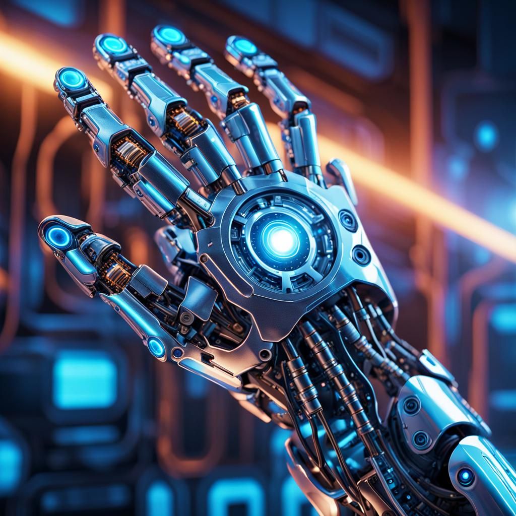 Robotic Hand Assistance in Neon-Lit Cyberpunk Workshop