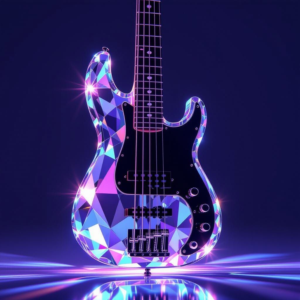 Luminescent Crystal Bass Guitar in Multicolored Light