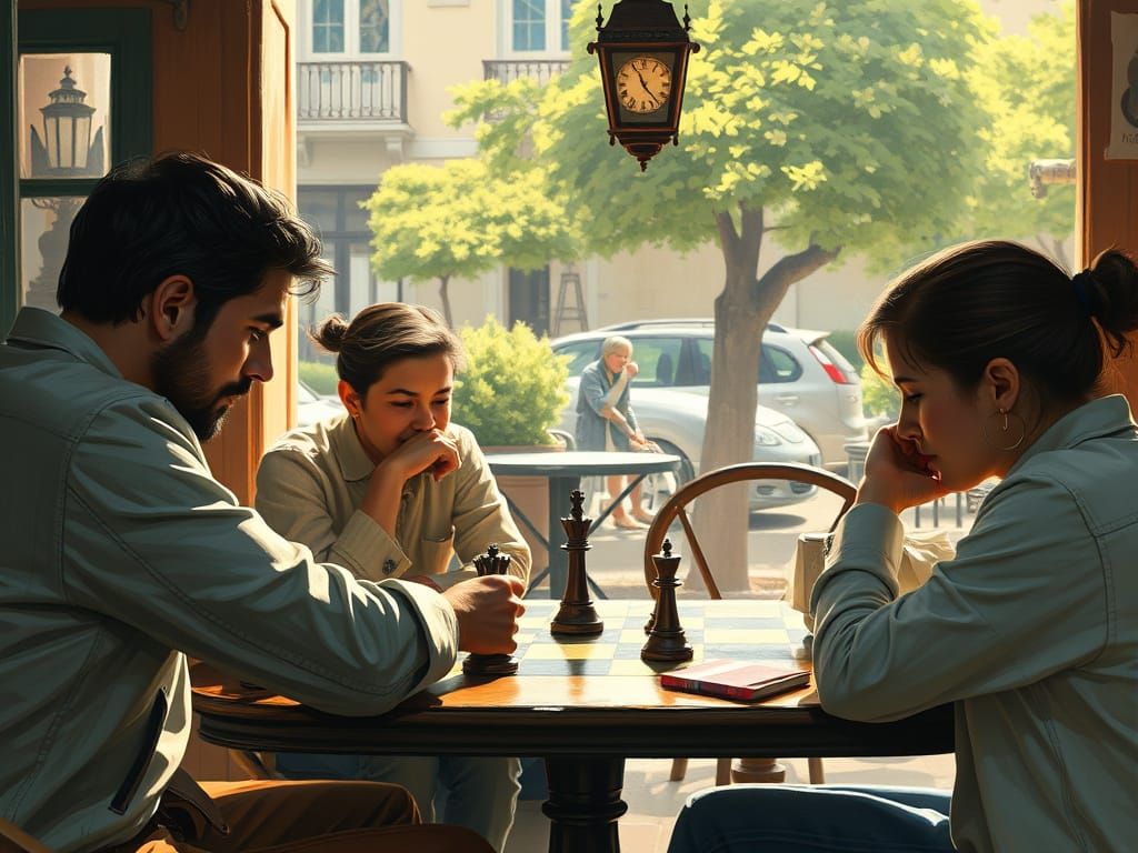 Chess Game at Cafe: Bright Matte Painting