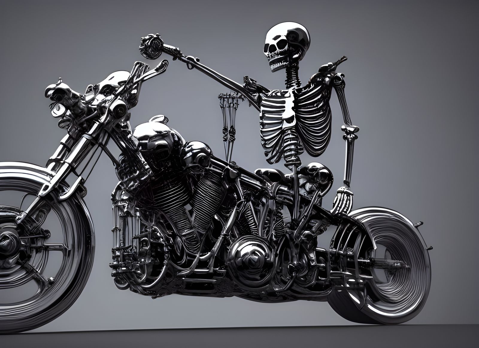 Steampunk Robot Skeleton Rides Chrome Harley Davidson