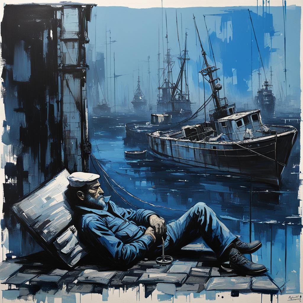 Melancholic Sailor Asleep in Dystopian Harbor