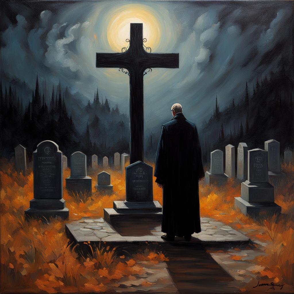 Eerie Cemetery Scene with Faceless Priest, Oil Painting