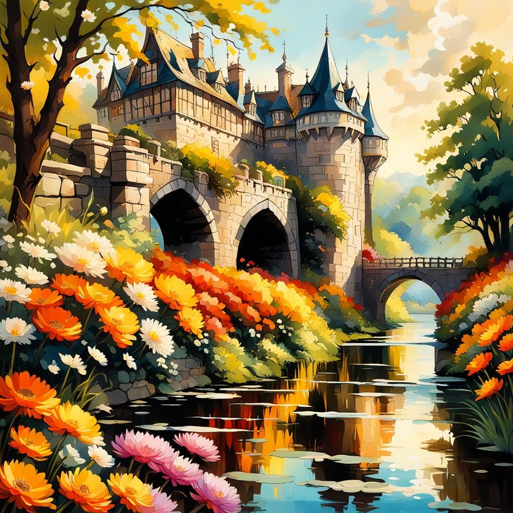 Gothic Keep and Chrysanthemum Garden in Gouache Style