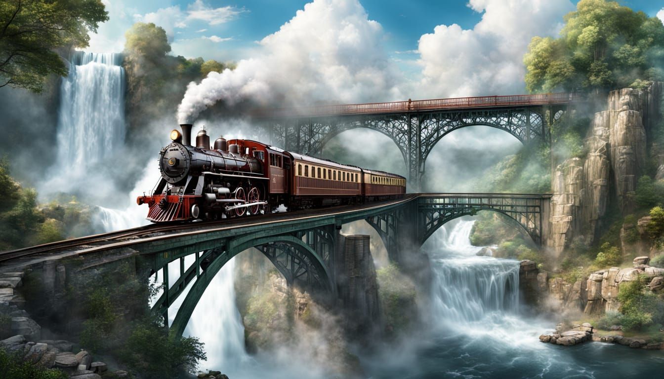 Fantasy Waterfall with Steam Train on Bridge