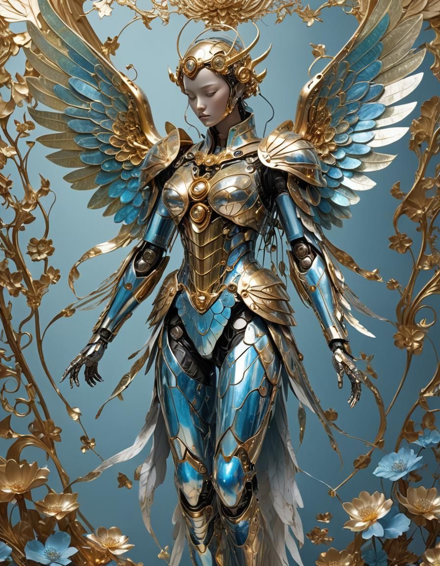 Robotic Angel with Iridescent Wings in Art Nouveau Style