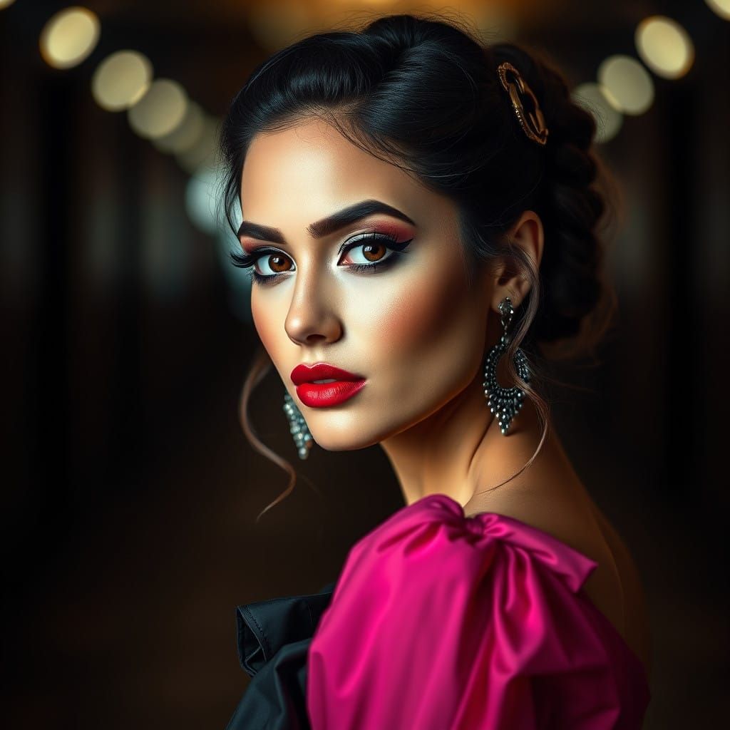 Ethereal Woman in Black and Pink: A Cinematic Portrait