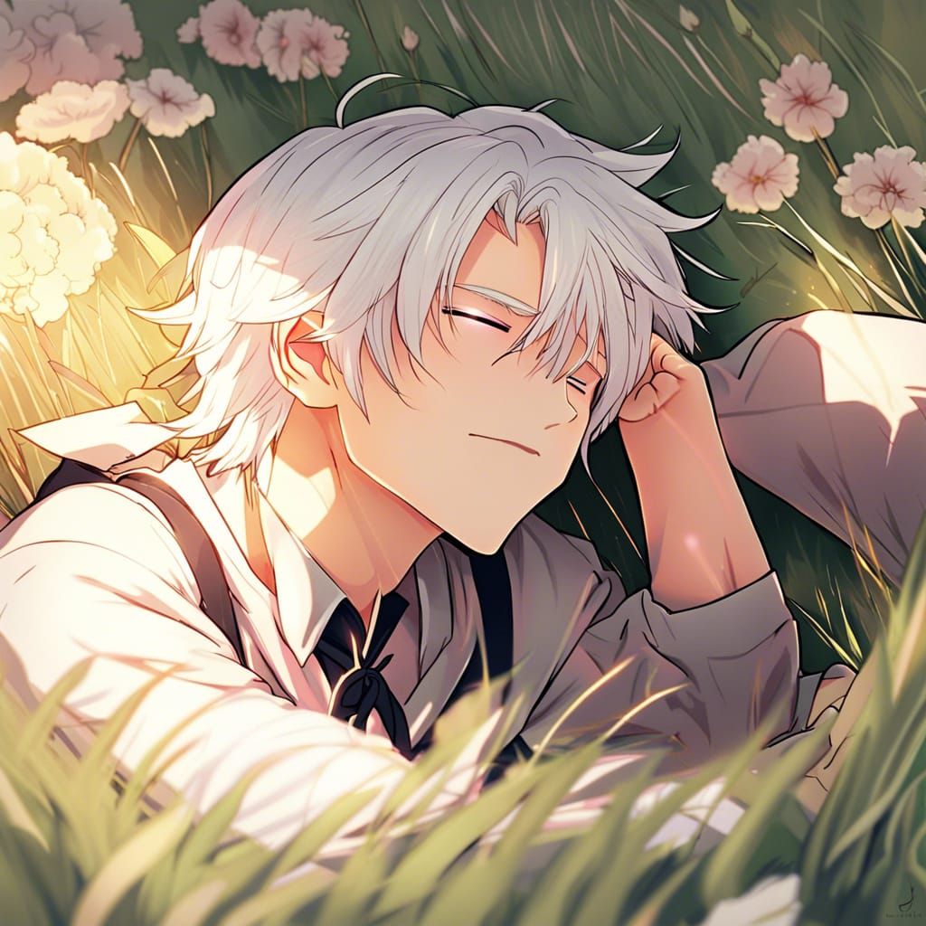 Anime Man with White Hair in Sunset Field
