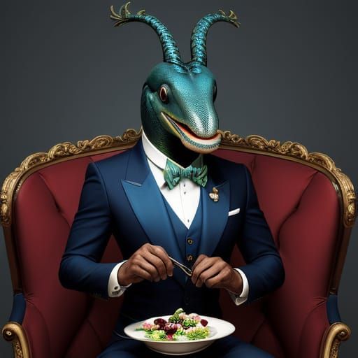 Elegant Electric Eel Savoring Cherries in Luxurious Parlor