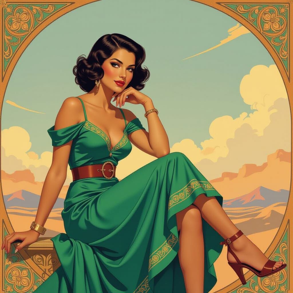 Elegant Hispanic Woman in Blue-Green Dress and Ornate Sandal...