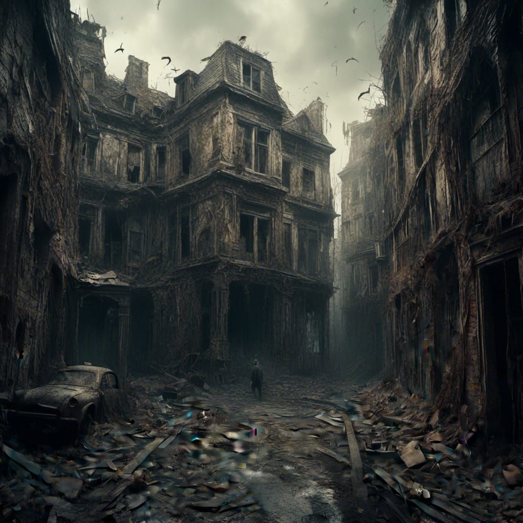 Dark Urban Streetscape with Graffiti in Digital Painting Sty...